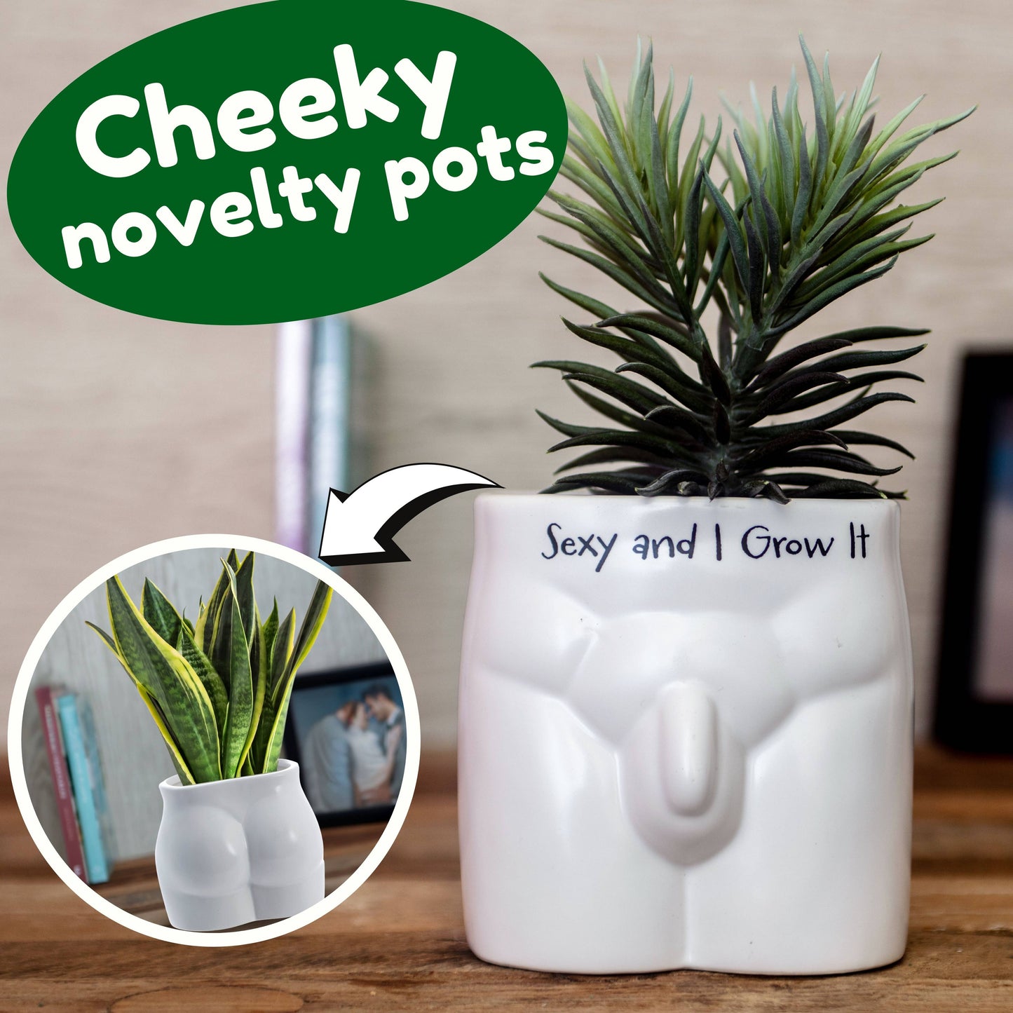 Novelty plant pot shaped like a person's genitals. pot reads sexy and I grow it